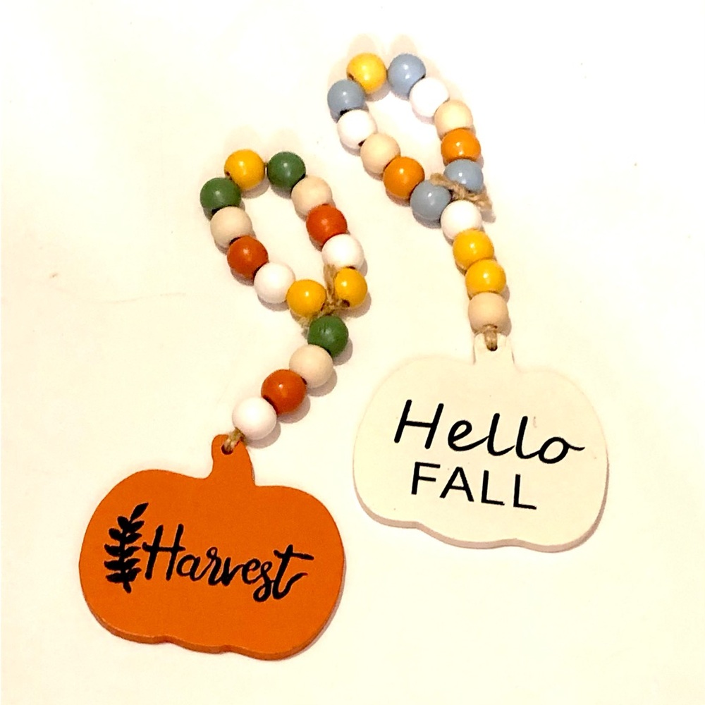 Hello Fall and Harvest Pumpkin Tag Wood Decor Beads Monogram Bundle Orange Cream